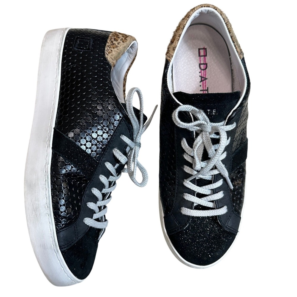 D.A.T.E. Curve Sneakers 7 Black Leather Glitter Snake Print Platform Shoes